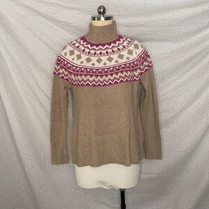 Tan Brown Purple Rhomb Norwegian Print Turtleneck Water Side Slits Long Sleeve